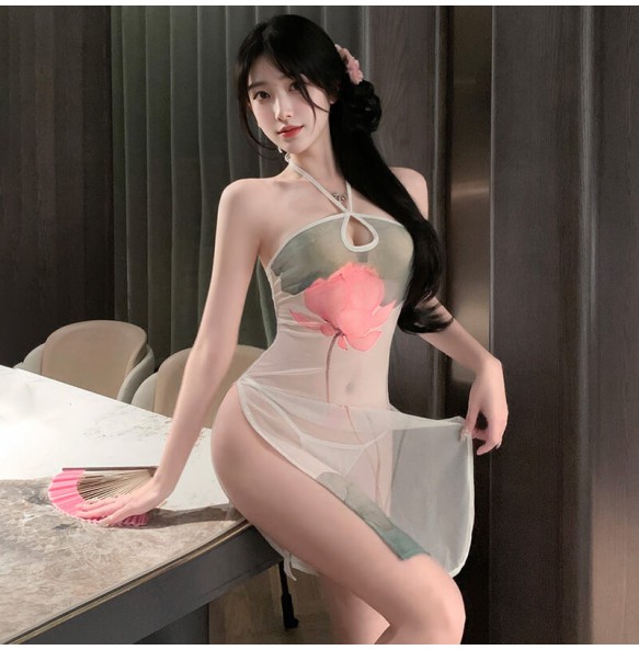 FEE ET MOI - Elegant Lotus Sheer Cheongsam Dress (White)